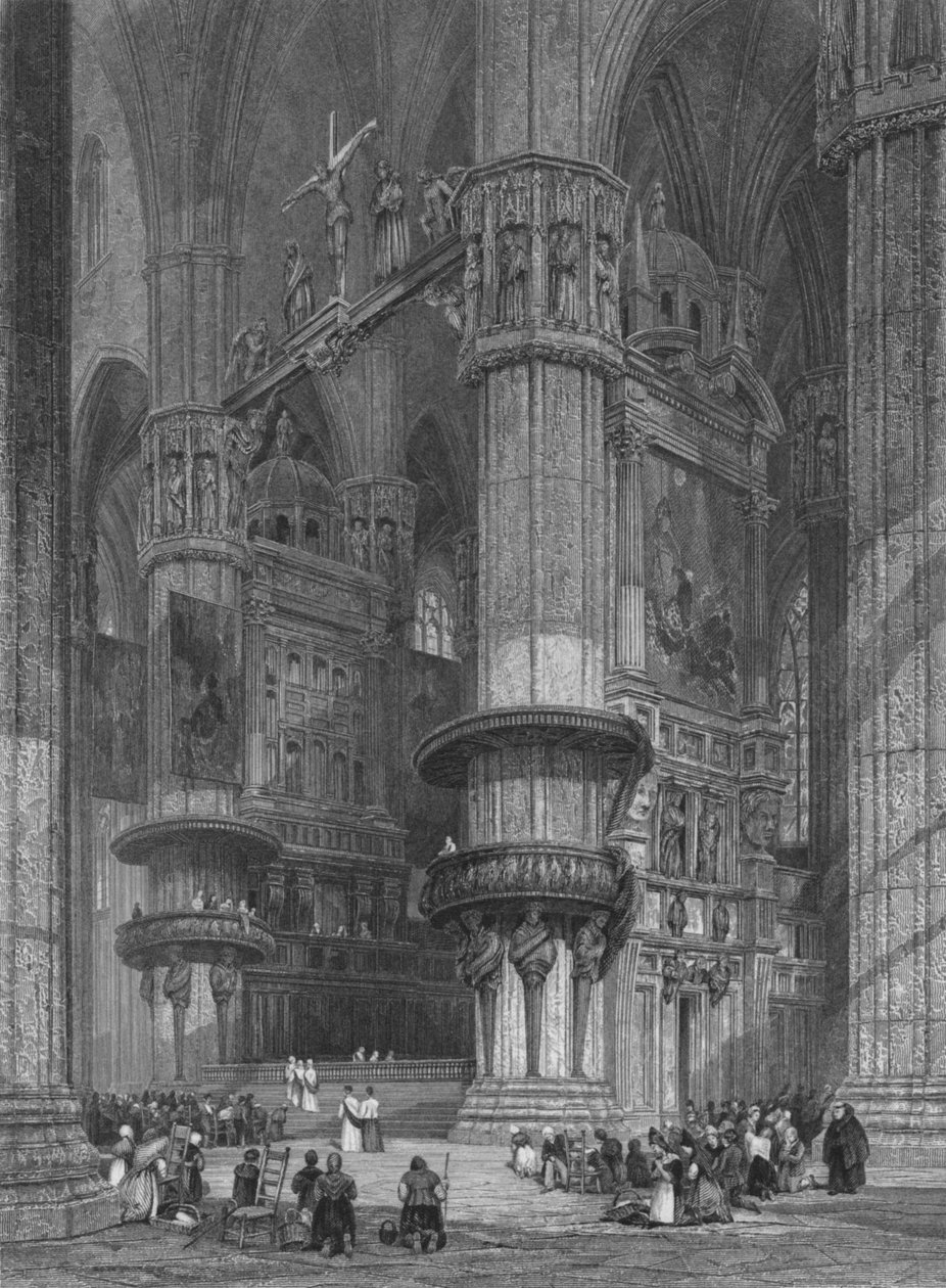 Interiøret i katedralen i Milano, ser mot høyalteret, 1844. av Thomas Higham