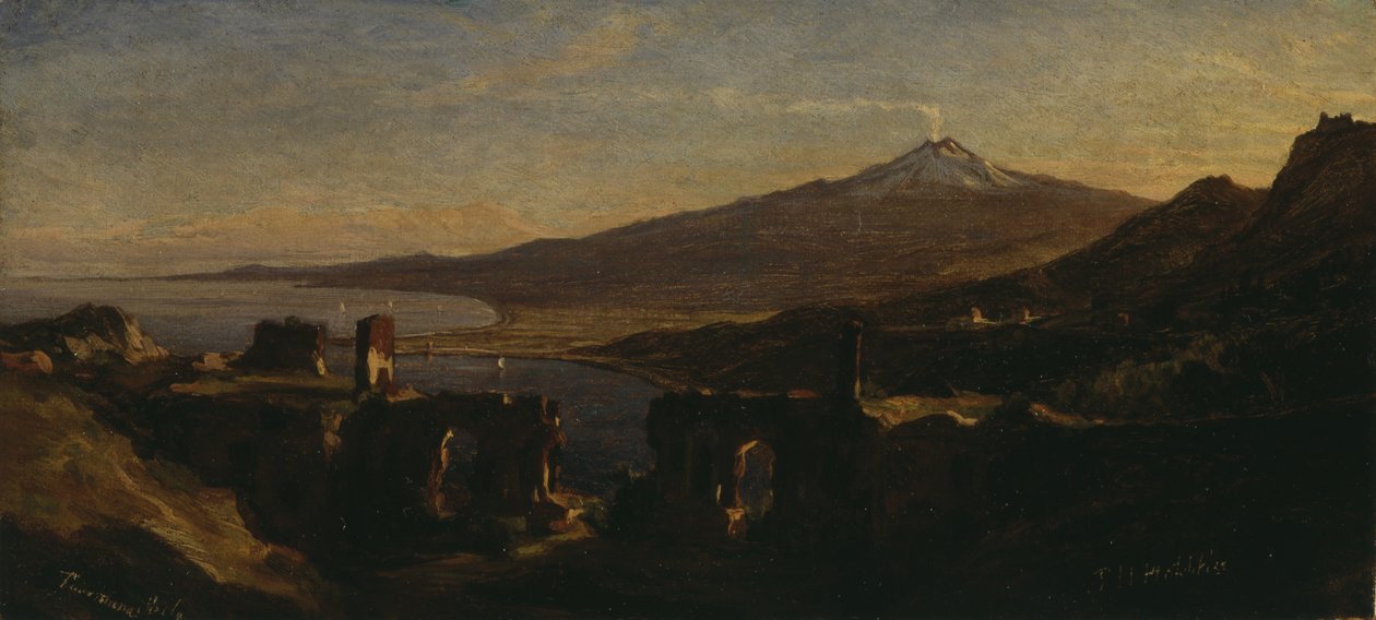 Utsikt fra ruinene av det greske teatret i Taormina, Sicilia, med Etna (røyking) av Thomas Hiram Hotchkiss