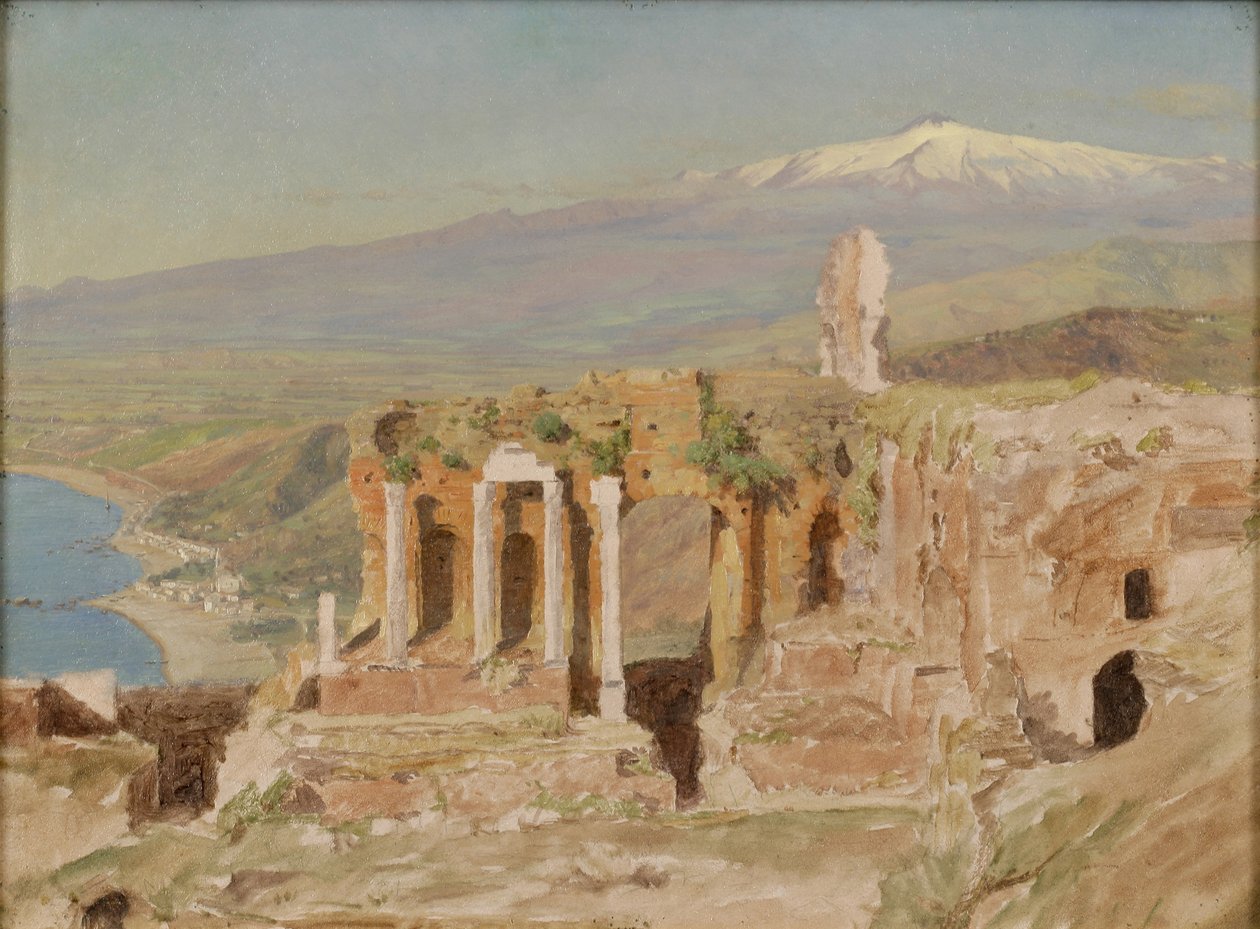Utsikt over ruinene av det greske teatret ved Taormina og Etna på Sicilia av Thomas Hiram Hotchkiss