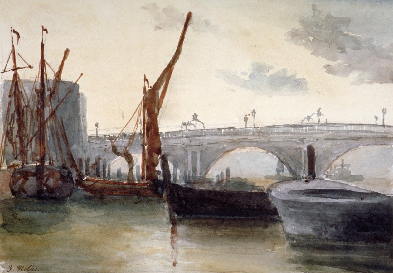 Utsikt over Blackfriars Bridge, med båter i forgrunnen, London, c1835 av Thomas Hollis