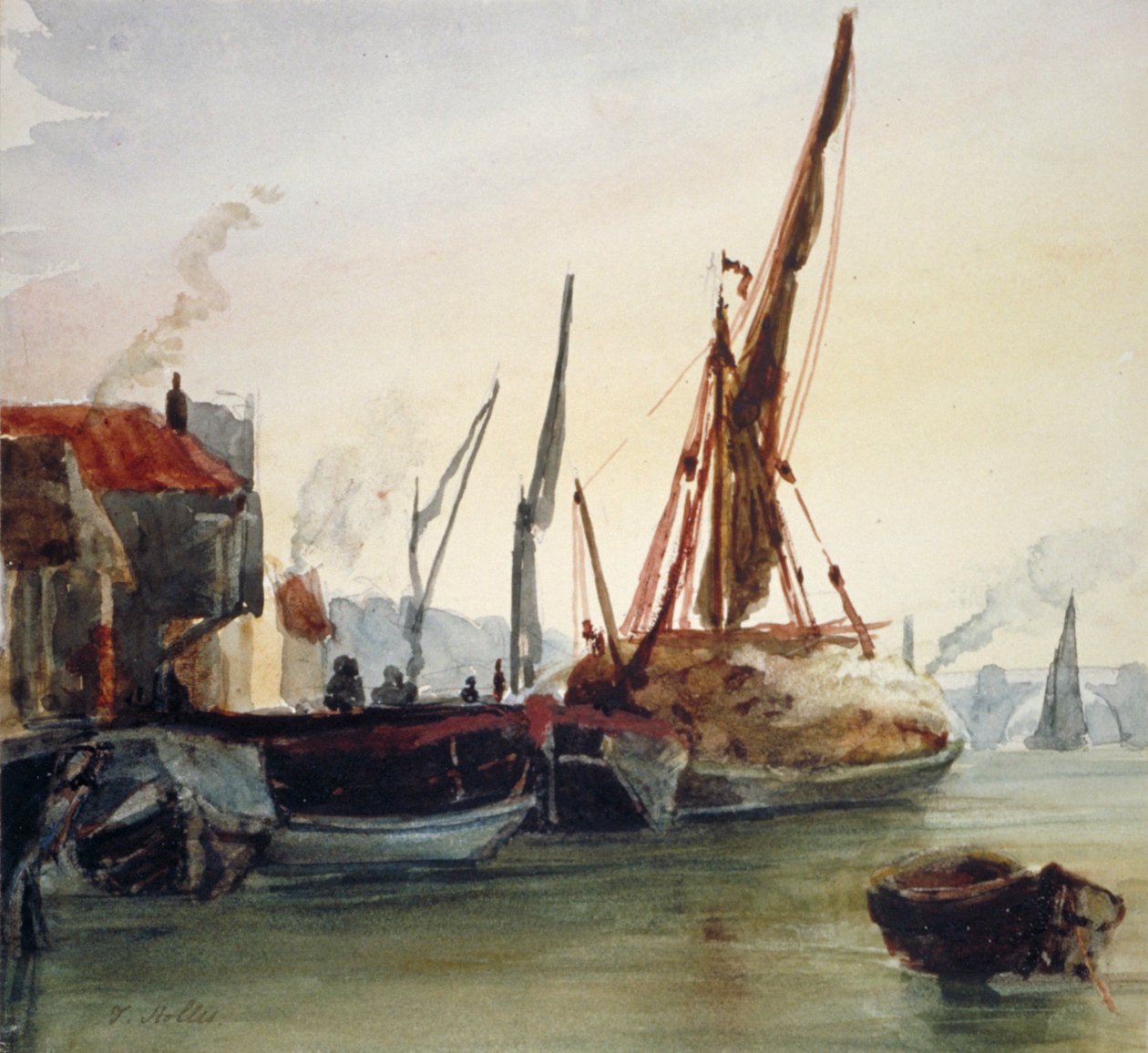 Utsikt over båter fortøyd ved Themsen ved Bankside, Southwark, London, c1830. av Thomas Hollis
