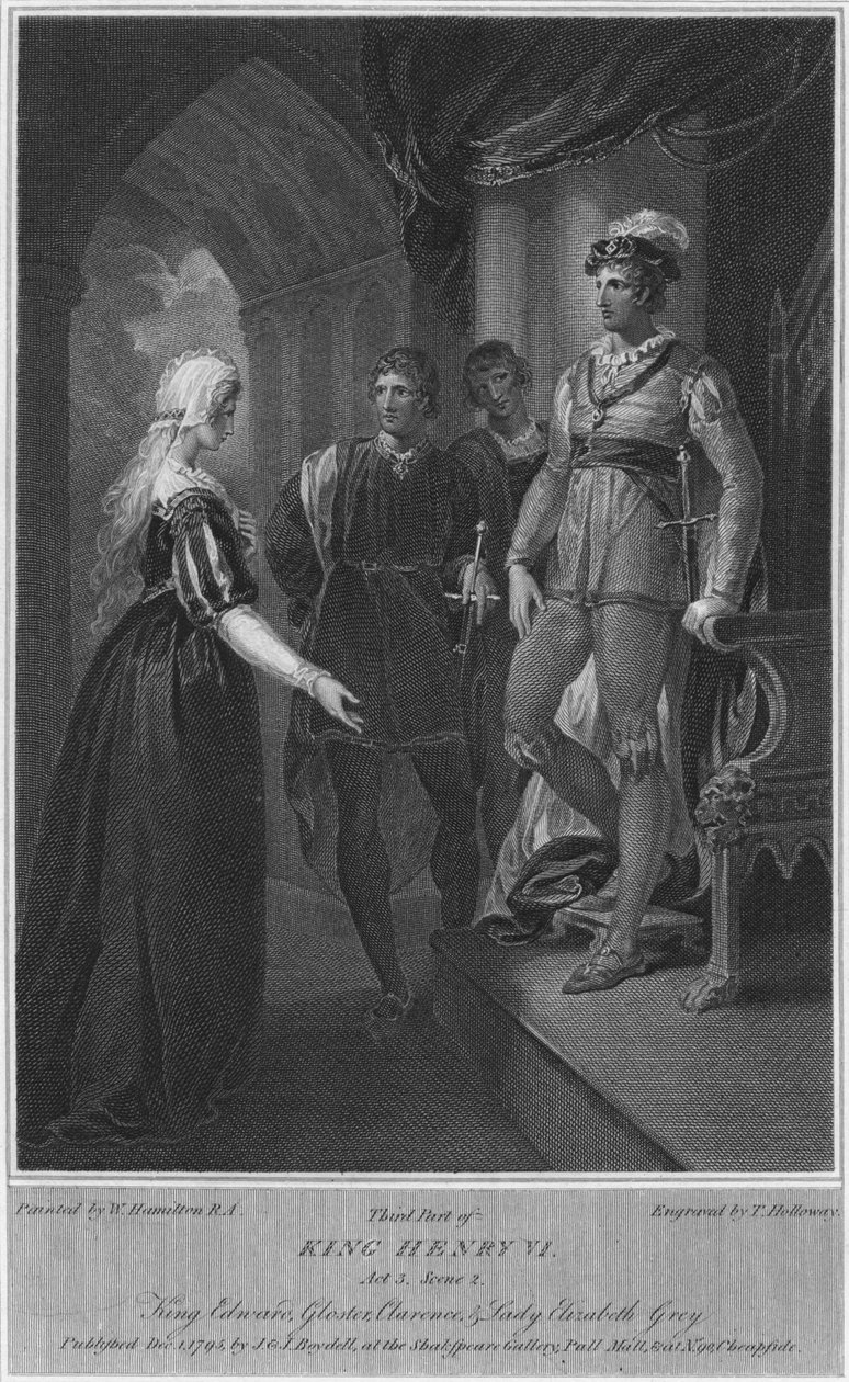 Tredje del av kong Henry VI. Akt 3. Scene 2. King Edward, Gloucester, Clarence & Lady Elizabeth Gre av Thomas Holloway