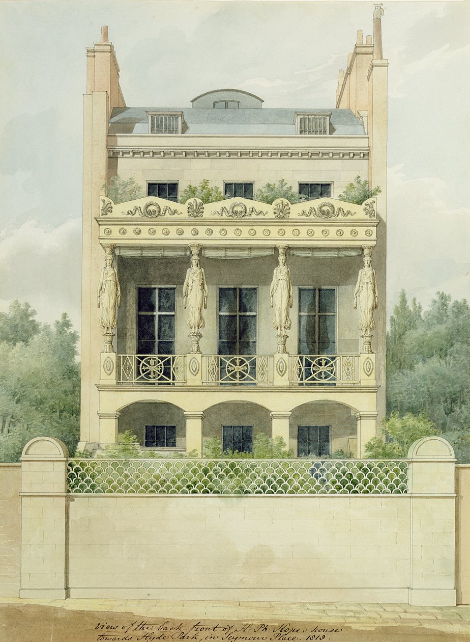 Utsikt over baksiden av Henry Phillip Hopes-huset mot Hyde Park i Seymour Place, 1818 (penn og blekk og wc over grafitt på papir) av Thomas Hope
