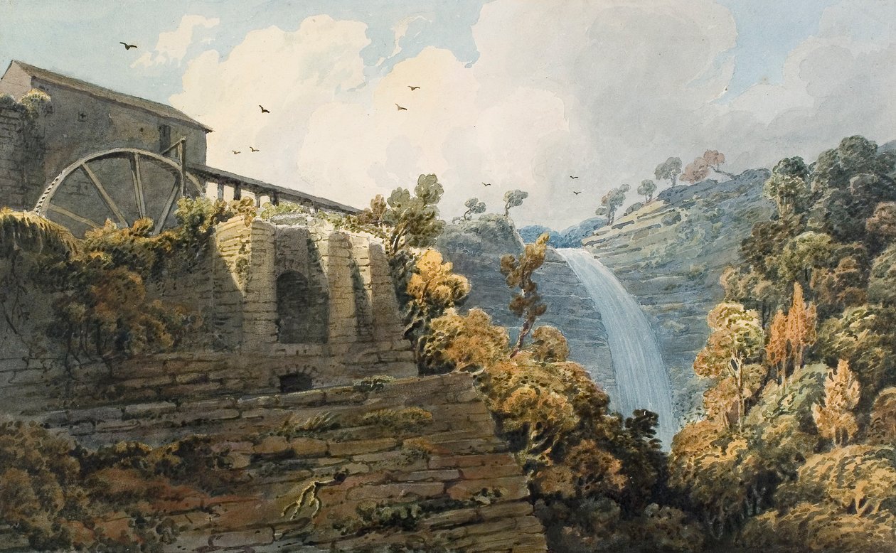 Cascade and Furnace of Melincourt (akvarell og blyant på papir) av Thomas Hornor