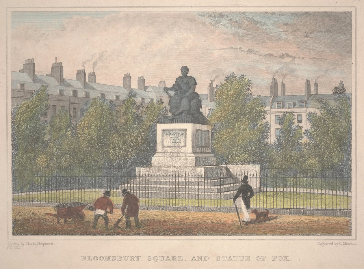 Bloomsbury Square med statue av rev, gravert av Charles Mottram (1806-76) av Thomas Hosmer Shepherd