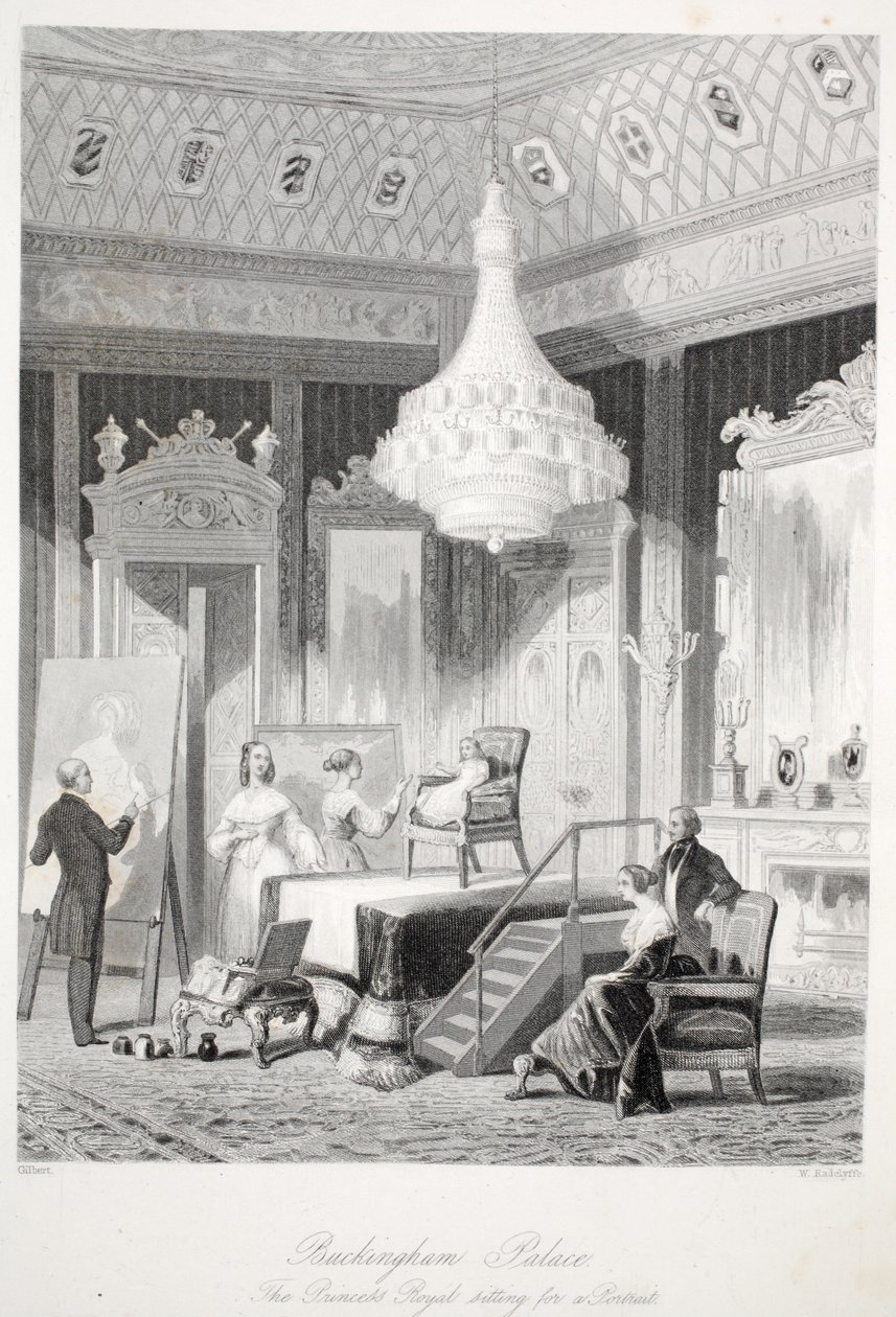 Buckingham Palace - The Princess Royal sitter for et portrett, fra London Interiors med Costumes and Ceremonies-puben. Joseph Mead, London, stålgravering ca. 1843 av Thomas Hosmer Shepherd
