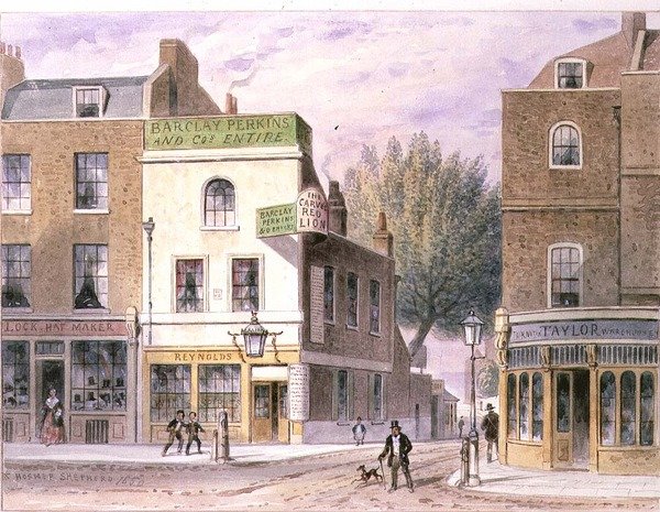 Carved Red Lion Inn, Islington Green, datert til huset 1660 av Thomas Hosmer Shepherd