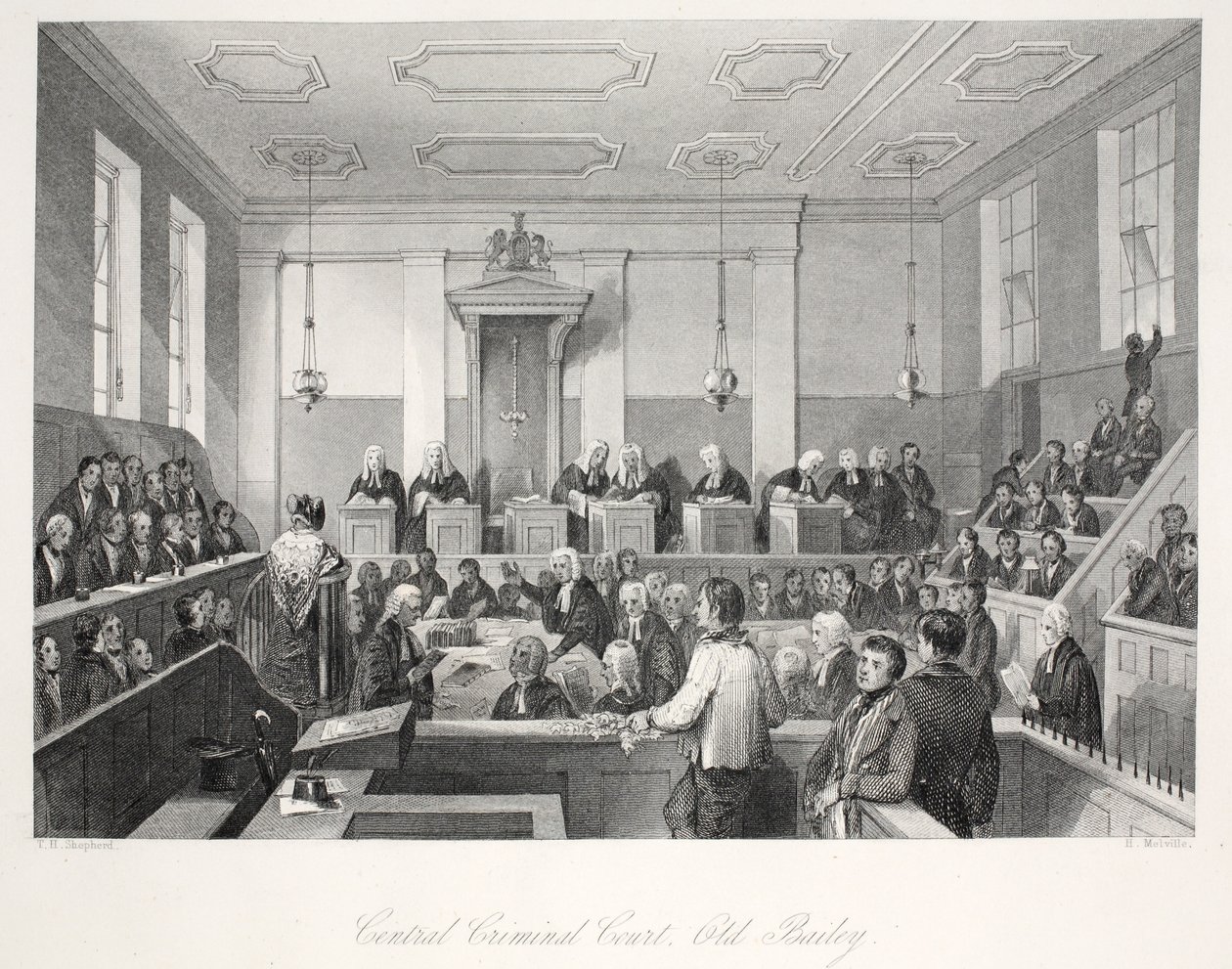 Central Criminal Court på Old Bailey, fra puben 'London Interiors with their Costumes and Ceremonies'. Joseph Mead, London, ca. 1843 (stålgravering) av Thomas Hosmer Shepherd