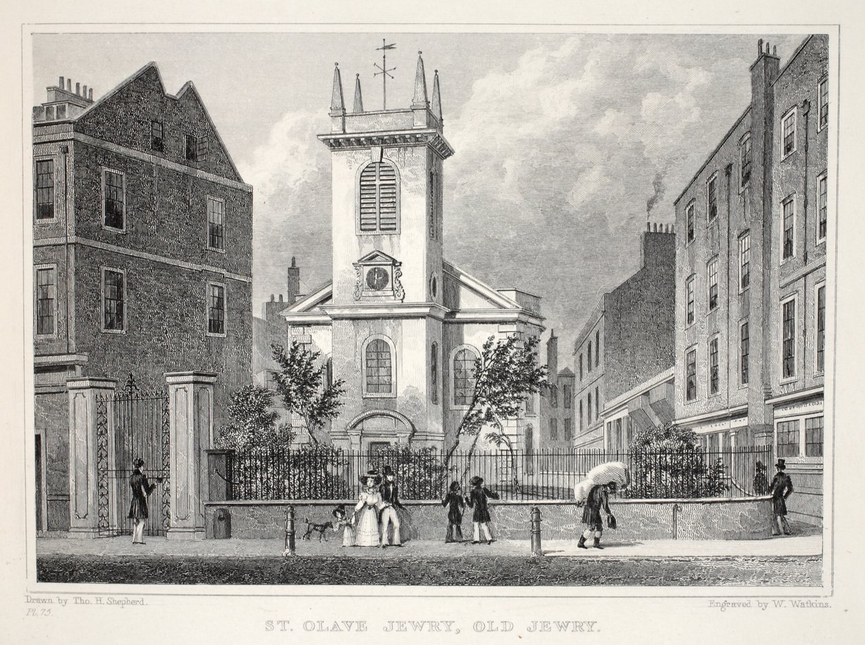 Church of St Olave Jewry, Old Jewry, fra London og dets omgivelser i puben fra det nittende århundre. Jones und Co., 1827-1829 av Thomas Hosmer Shepherd