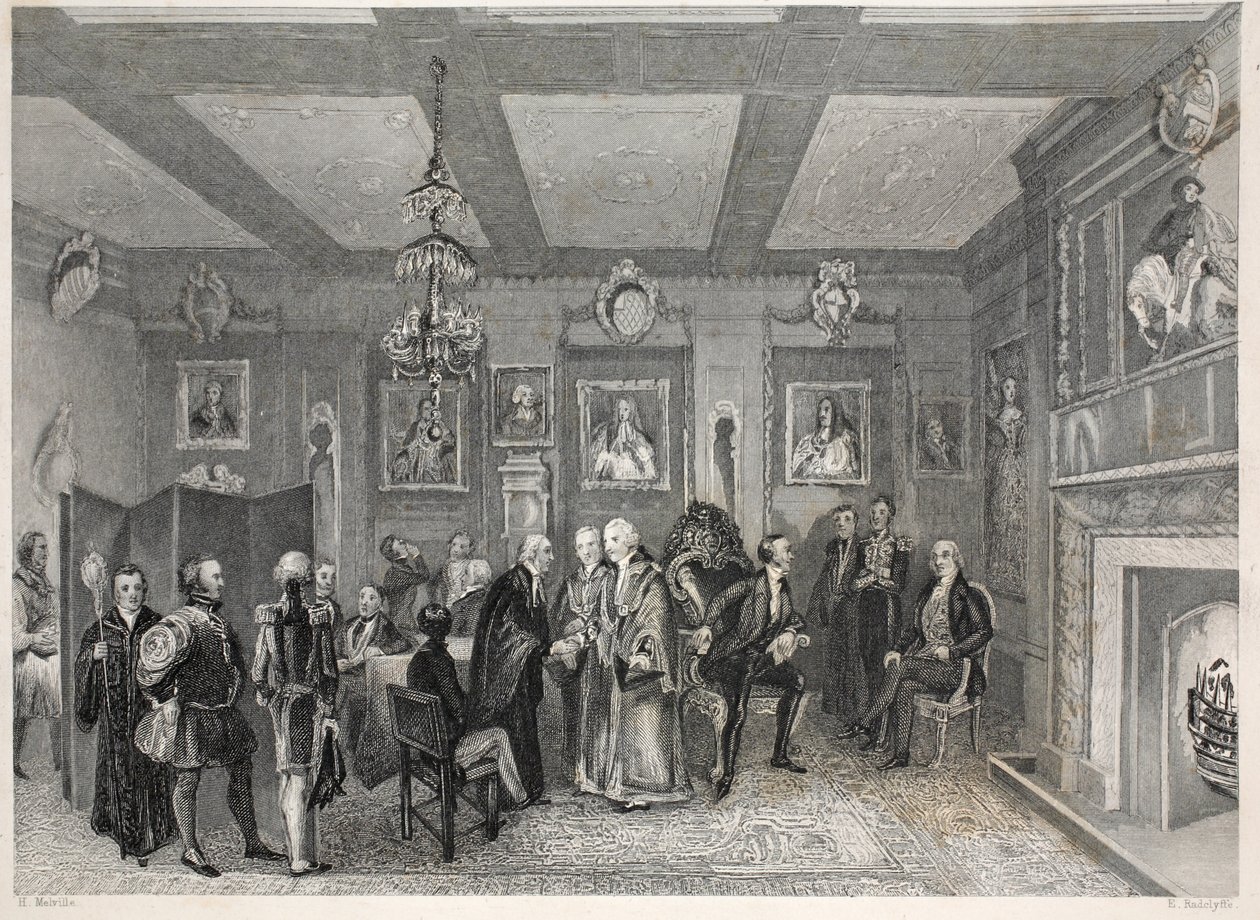 Council Chamber, Vintner's Hall, fra puben 'London Interiors with their Costumes and Ceremonies'. Joseph Mead, London, ca. 1843 (stålgravering) av Thomas Hosmer Shepherd