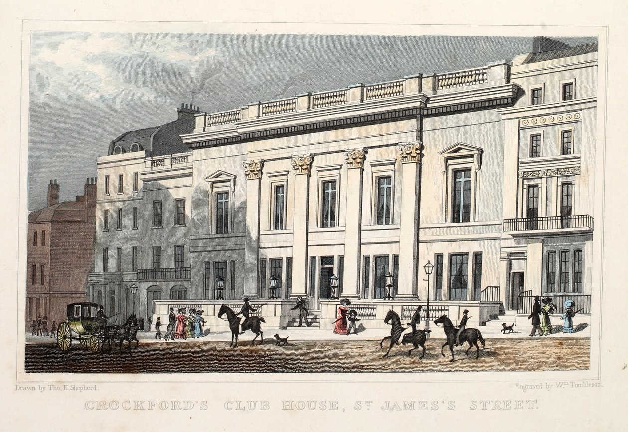 Crockfords klubbhus, St. James Street. Pub. 1828 (håndfarget gravering) av Thomas Hosmer Shepherd
