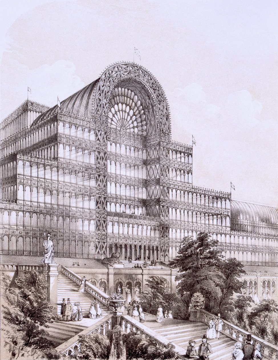 Crystal Palace ved Sydenham, fronten av det store transeptet, ca. 1851-55 av Thomas Hosmer Shepherd