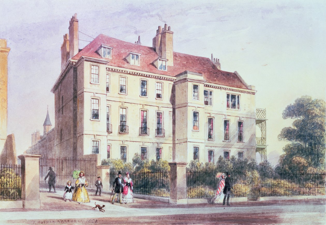 Inngang til Queen Square fra parken, med utsikt over Jeremy Benthams hus av Thomas Hosmer Shepherd