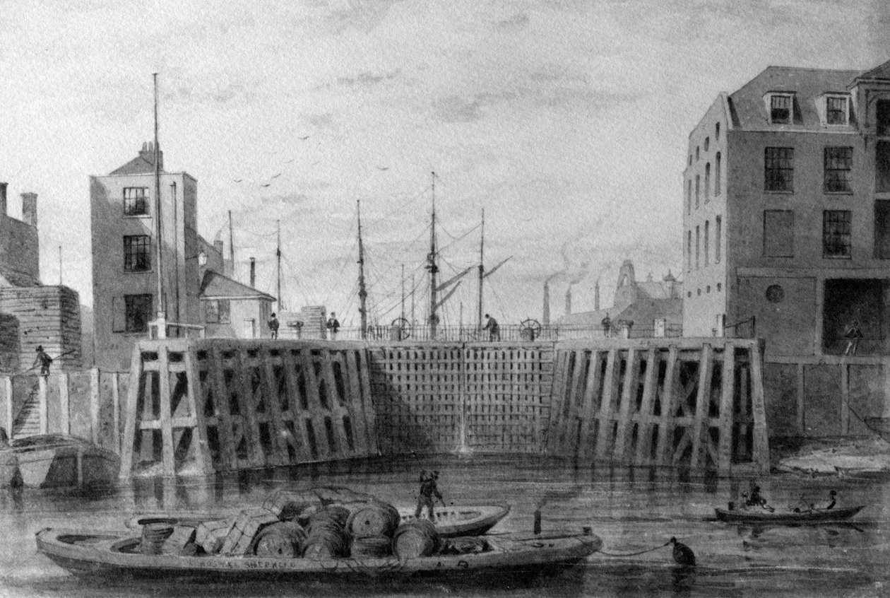 Inngang til Limehouse Dock, 1850 (penn, blekk og vask på papir) av Thomas Hosmer Shepherd