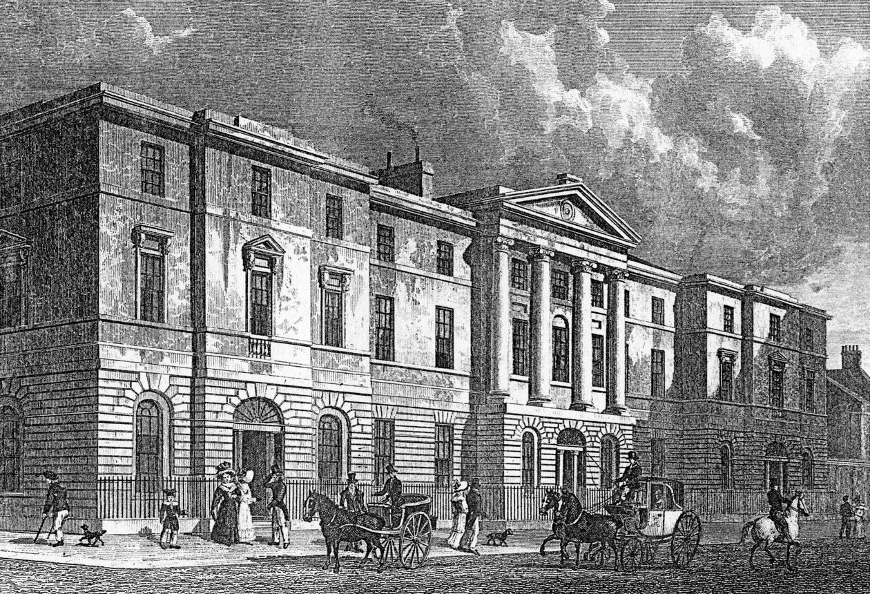 Exchange Buildings, Leith, gravert av T. Higham, 1830 av Thomas Hosmer Shepherd
