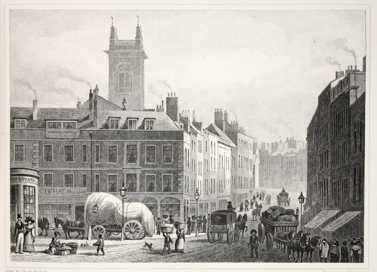 Holborn Bridge, Church of St Andrew, etc., fra puben 'London and it's Environs in the Nineteenth Century'. Jones und Co., 1827-1829 av Thomas Hosmer Shepherd