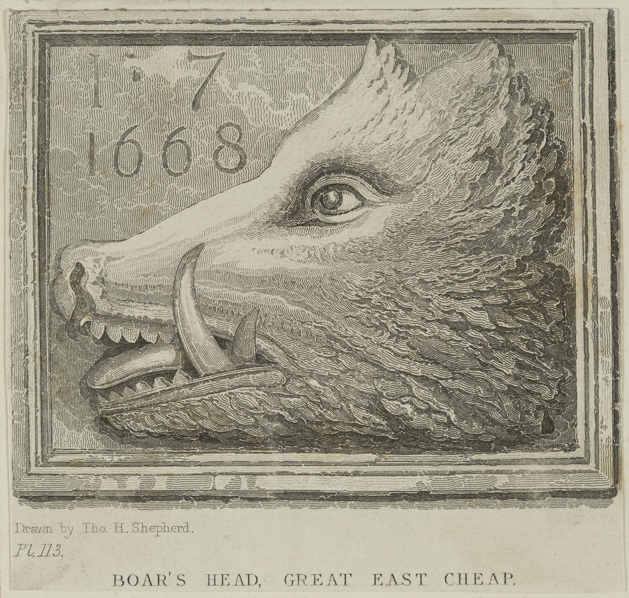 Innskilt fra Boars Head Tavern i Eastcheap, ca. 1850 av Thomas Hosmer Shepherd
