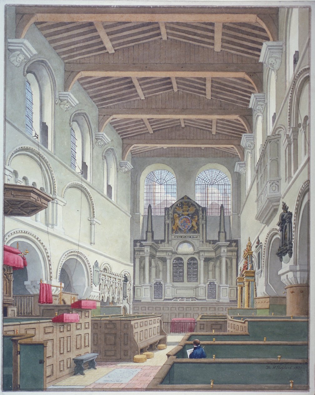 Innvendig utsikt over Church of St Bartholomew-the-Great, Smithfield, City of London, 1821. av Thomas Hosmer Shepherd