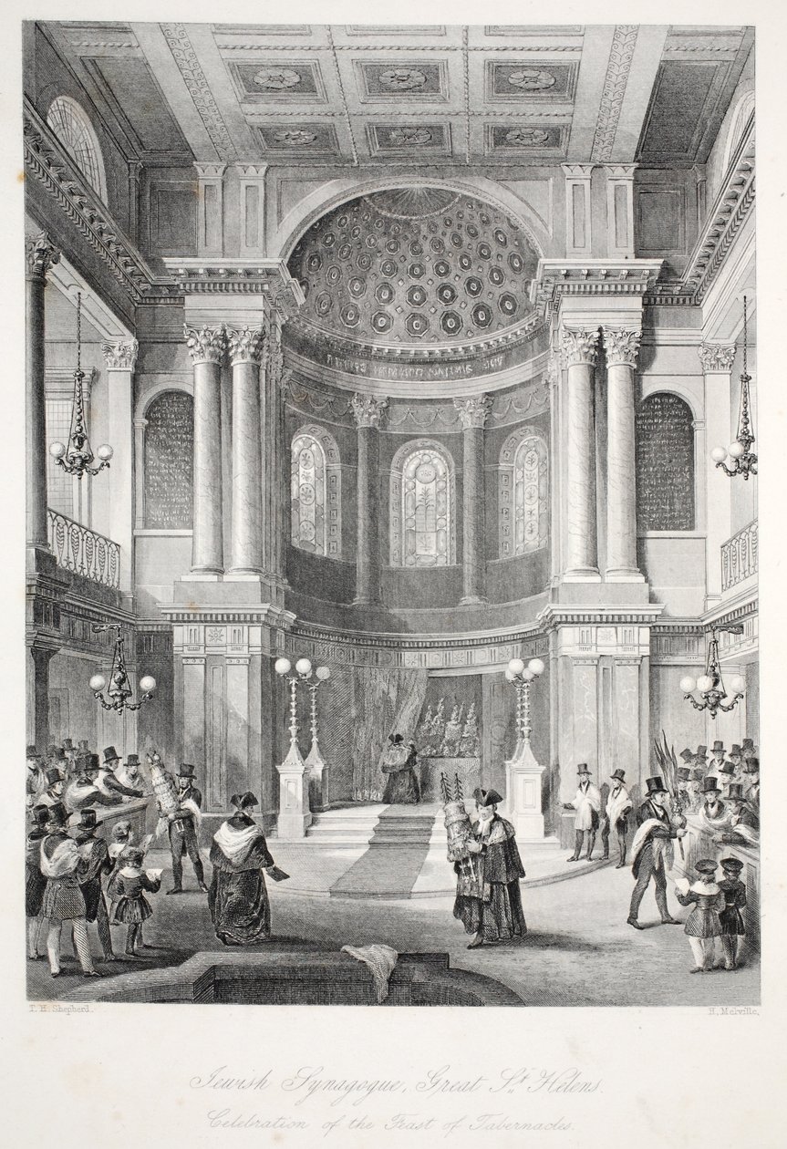 Jewish Synagogue, Great St Helens, fra puben 'London Interiors with their Costumes and Ceremonies'. Joseph Mead, London, ca. 1843 (stålgravering) av Thomas Hosmer Shepherd