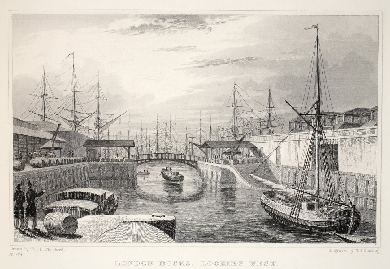 London Docks, med utsikt mot vest, fra puben 'London and it's Environs in the Nineteenth Century'. Jones und Co., 1827-1829 av Thomas Hosmer Shepherd