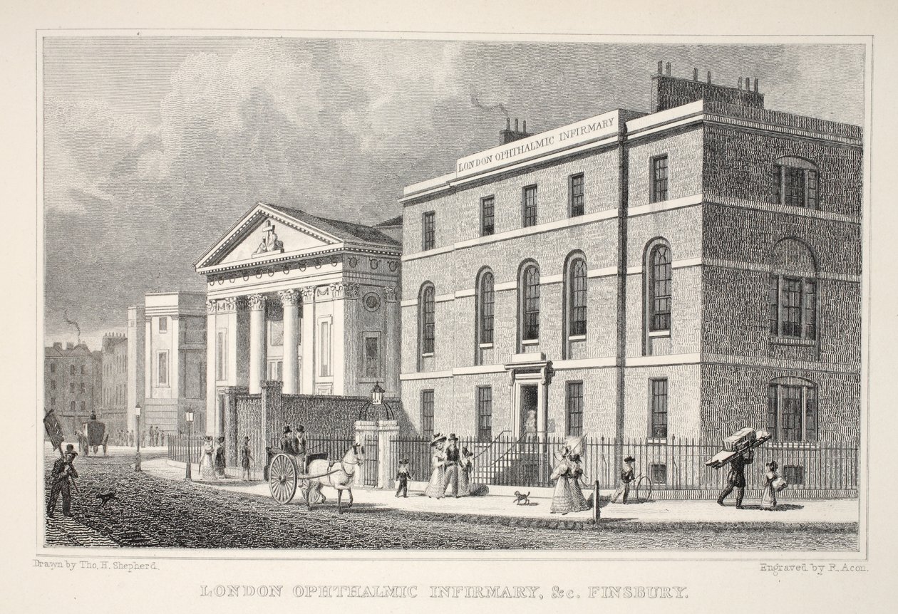 London Ophthalmic Infirmary etc. Finsbury, fra puben 'London and it's Environs in the Nineteenth Century'. Jones und Co., 1827-1829 av Thomas Hosmer Shepherd