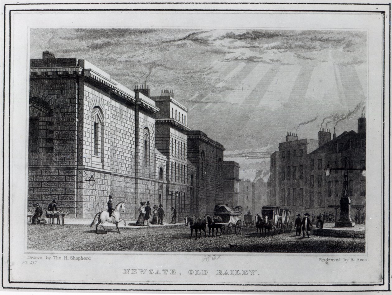 Newgate fengsel og Old Bailey, gravert av Robert Acon, 1831 av Thomas Hosmer Shepherd