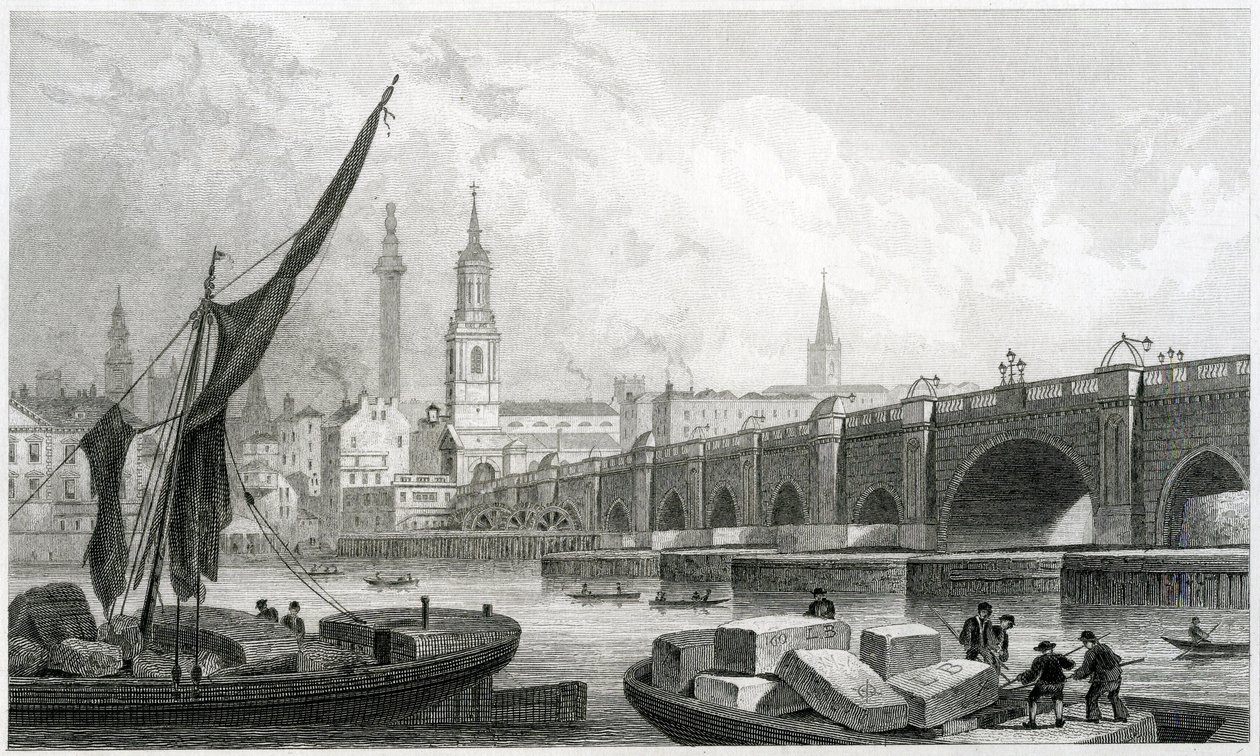 Old London Bridge, fra Southwark, 1829 av Thomas Hosmer Shepherd