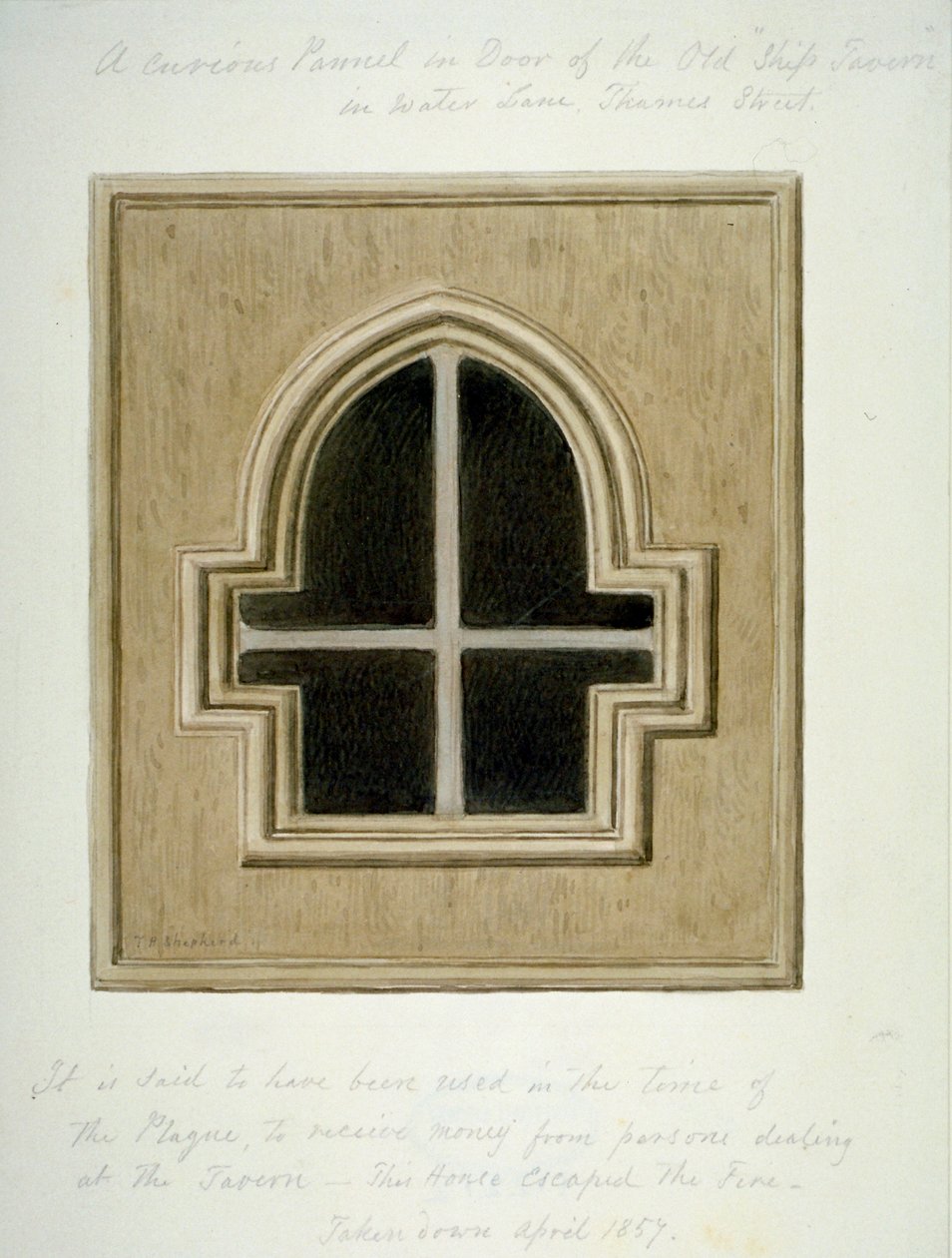 Panel i døren til Ship Tavern, Water Lane, City of London, 1857. av Thomas Hosmer Shepherd