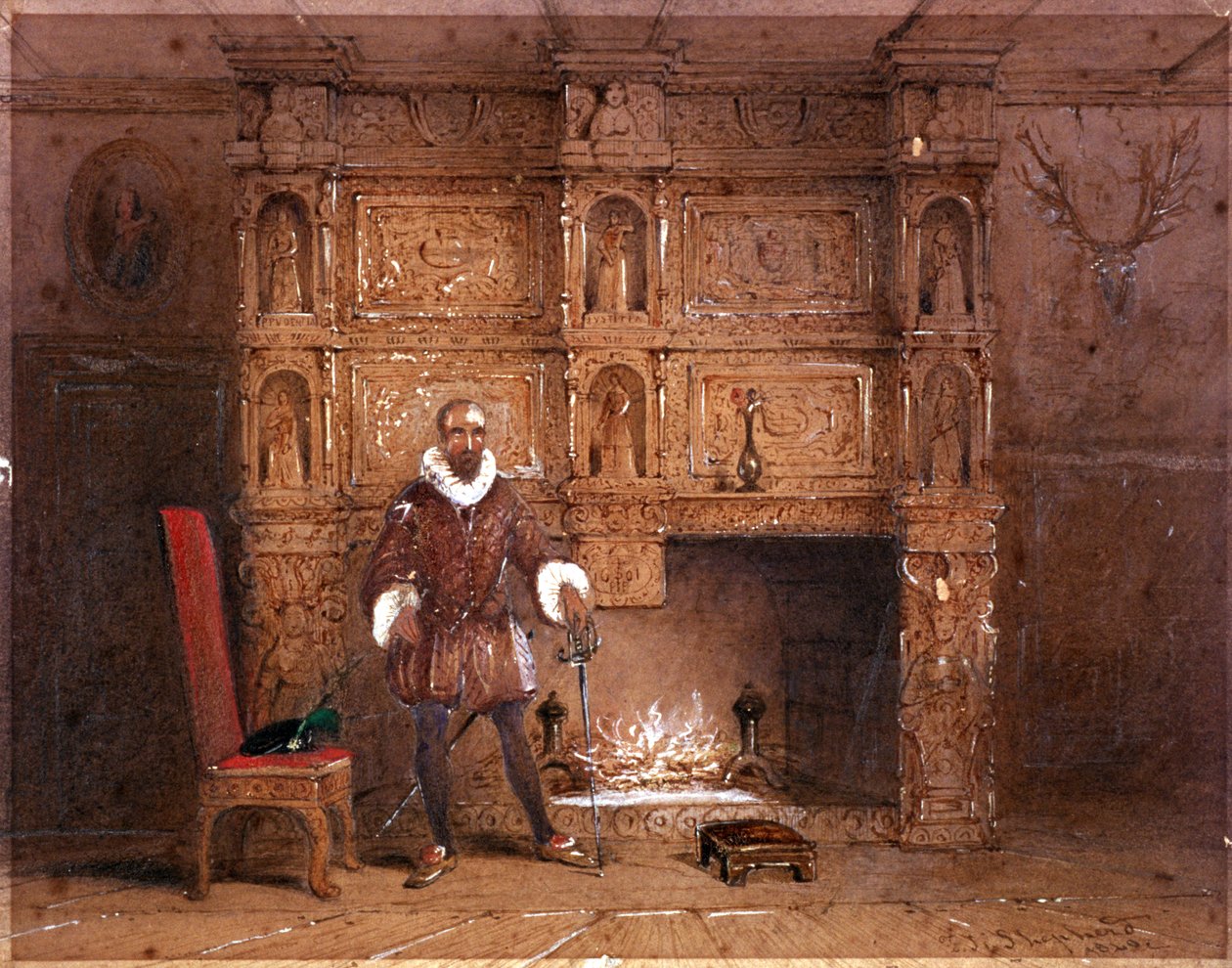 Muligens Sir John Spencer i Canonbury House, eller Sir Walter Raleigh i Old Pied Bull Inn, 1849 av Thomas Hosmer Shepherd