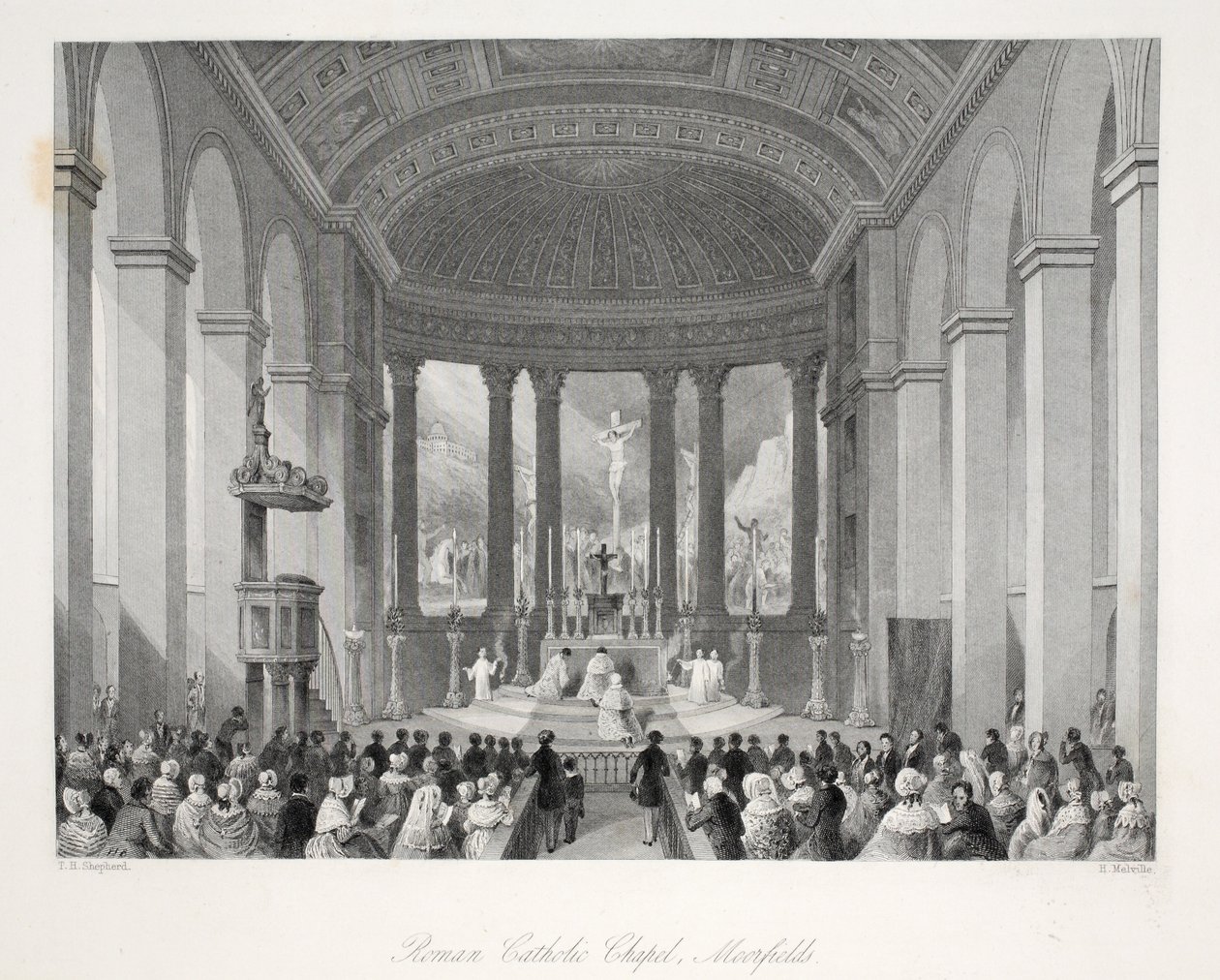Romersk-katolske kapell, Moorfields, fra puben 'London Interiors with their Costumes and Ceremonies'. Joseph Mead, London, ca. 1843 (stålgravering) av Thomas Hosmer Shepherd