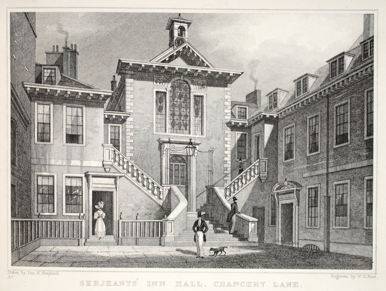 Serjeant's Inn, Chancery Lane, fra puben 'London and it's Environs in the Nineteenth Century'. Jones und Co., 1827-1829 av Thomas Hosmer Shepherd