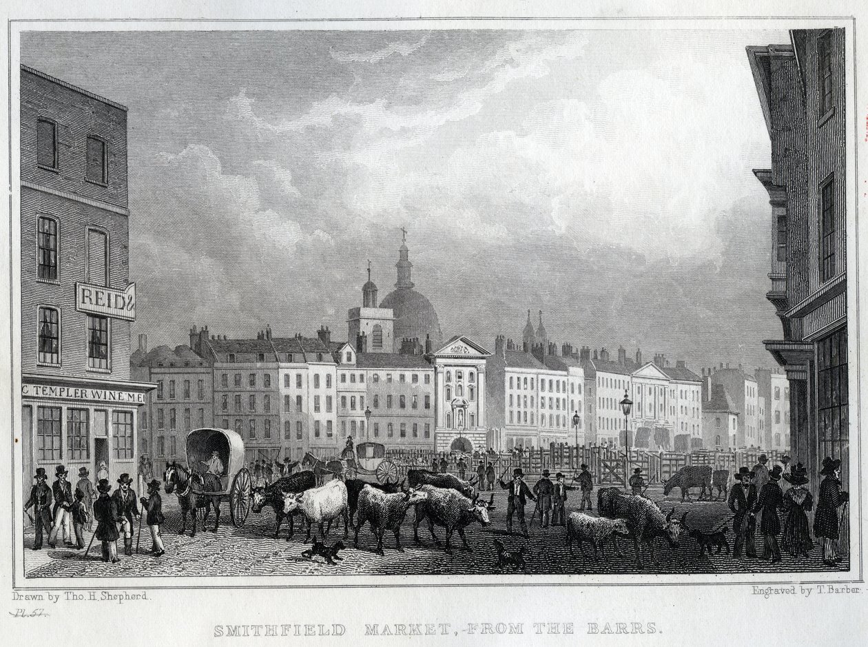 Smithfield Market from the Barrs, gravert av Thomas Barber, ca. 1830 av Thomas Hosmer Shepherd