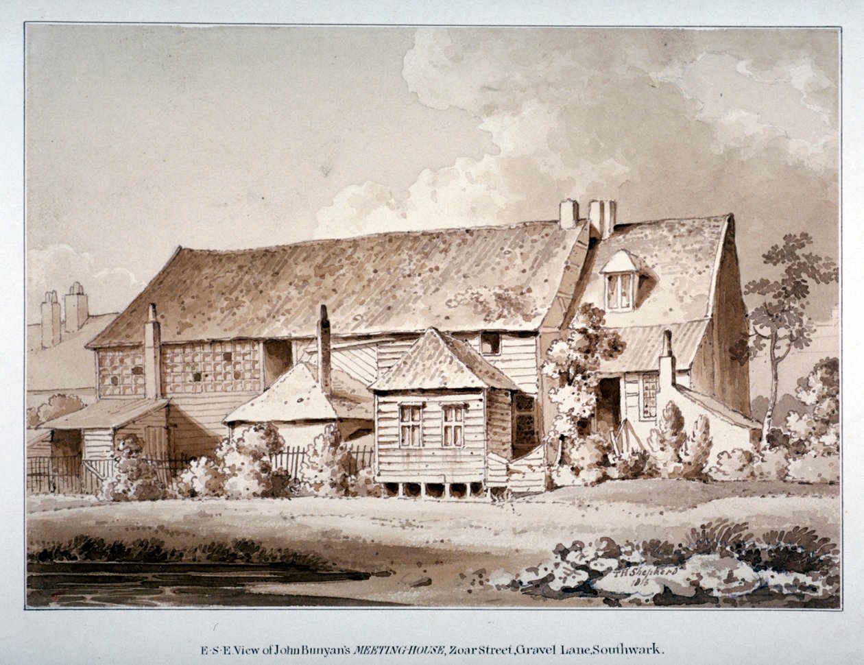 Sørøstutsikt over John Bunyans møtehus, Zoar Street, Southwark, London, 1813 av Thomas Hosmer Shepherd