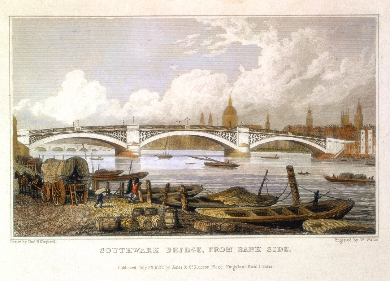 Southwark Bridge fra Bank Side, London, 1817 av Thomas Hosmer Shepherd