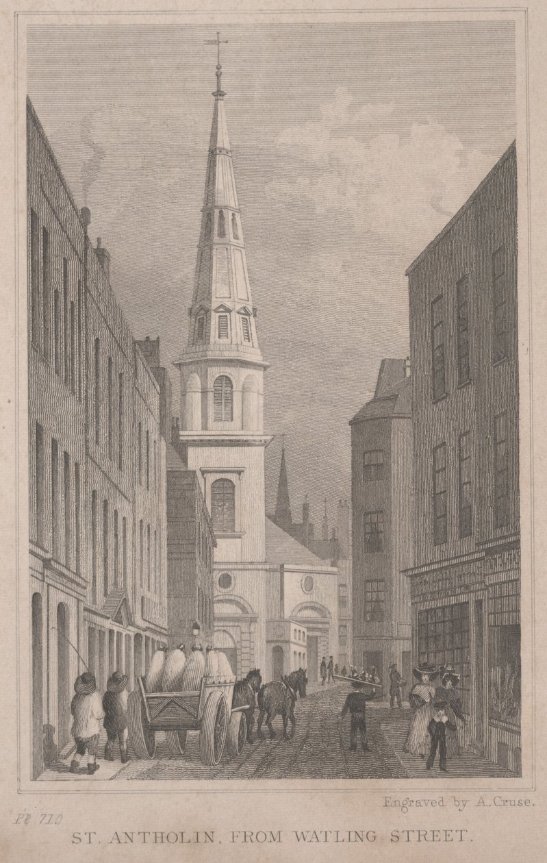 St. Antholin, fra Watling Street, gravert av A. Cruse, ca. 1830 (gravering) av Thomas Hosmer Shepherd