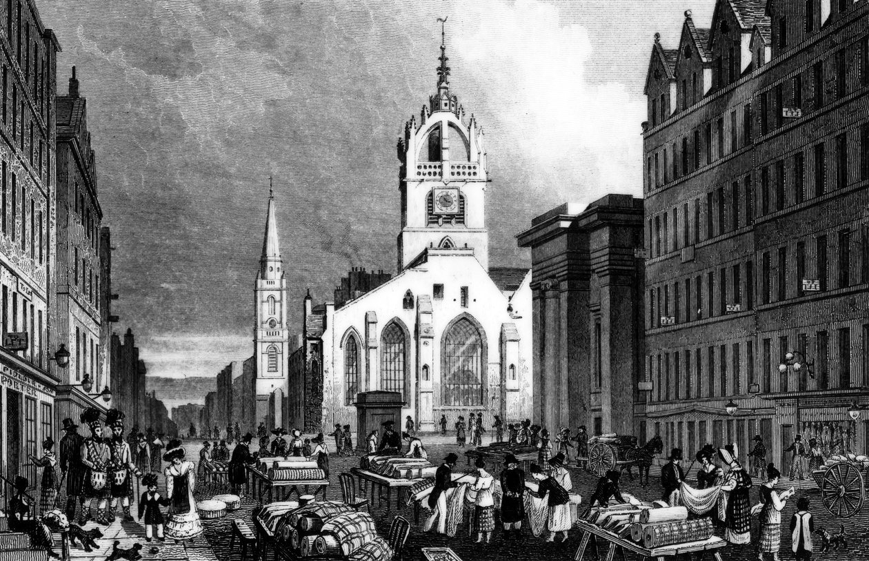 St. Giles Church, County Hall and the Lawn Market, Edinburgh, gravert av William Tombleson, ca. 1830 (gravering) av Thomas Hosmer Shepherd