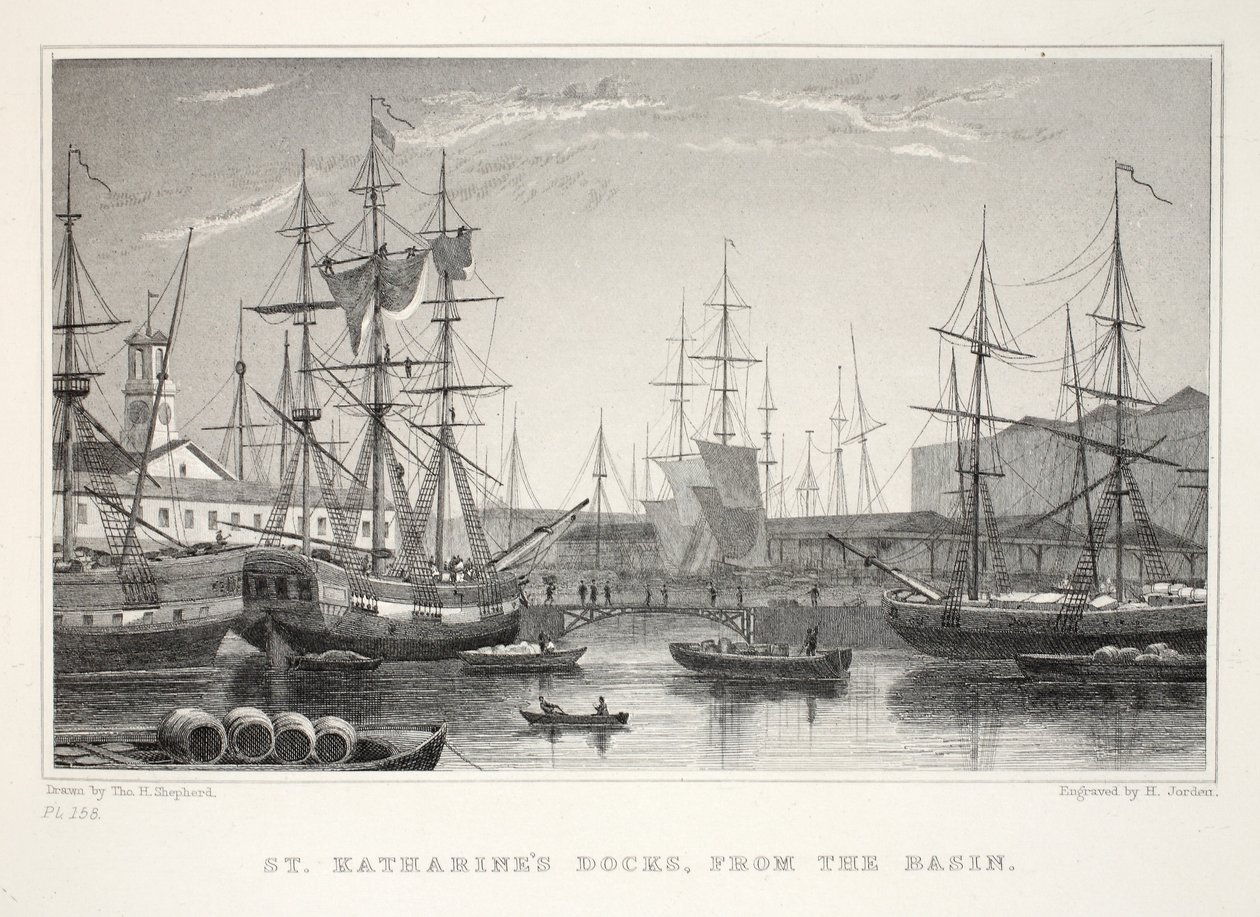 St Katherine Docks, fra bassenget, Tower, fra London og dets omgivelser i puben fra det nittende århundre. Jones und Co., 1827-1829 av Thomas Hosmer Shepherd