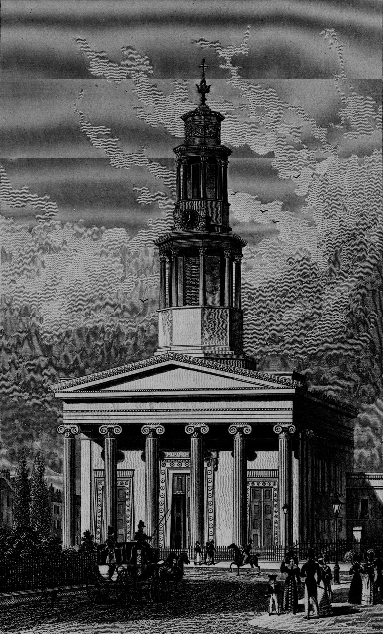 St. Pancrass Church, West Front, gravert av James Tingle 1827 av Thomas Hosmer Shepherd