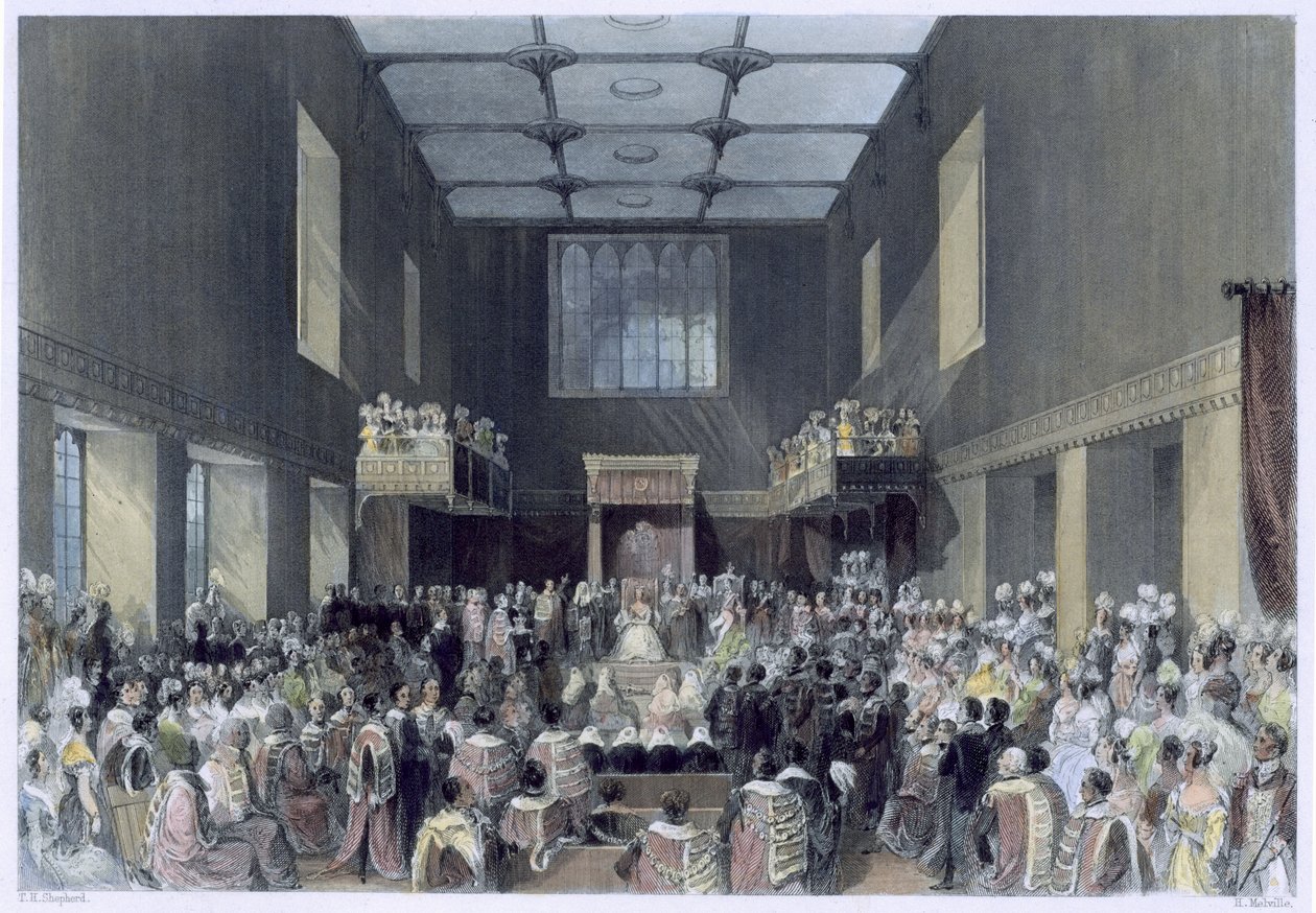 House of Lords, Hennes Majestet åpner parlamentets sesjon, gravert av Henry Melville (fl.1826-41), ca. 1840 av Thomas Hosmer Shepherd