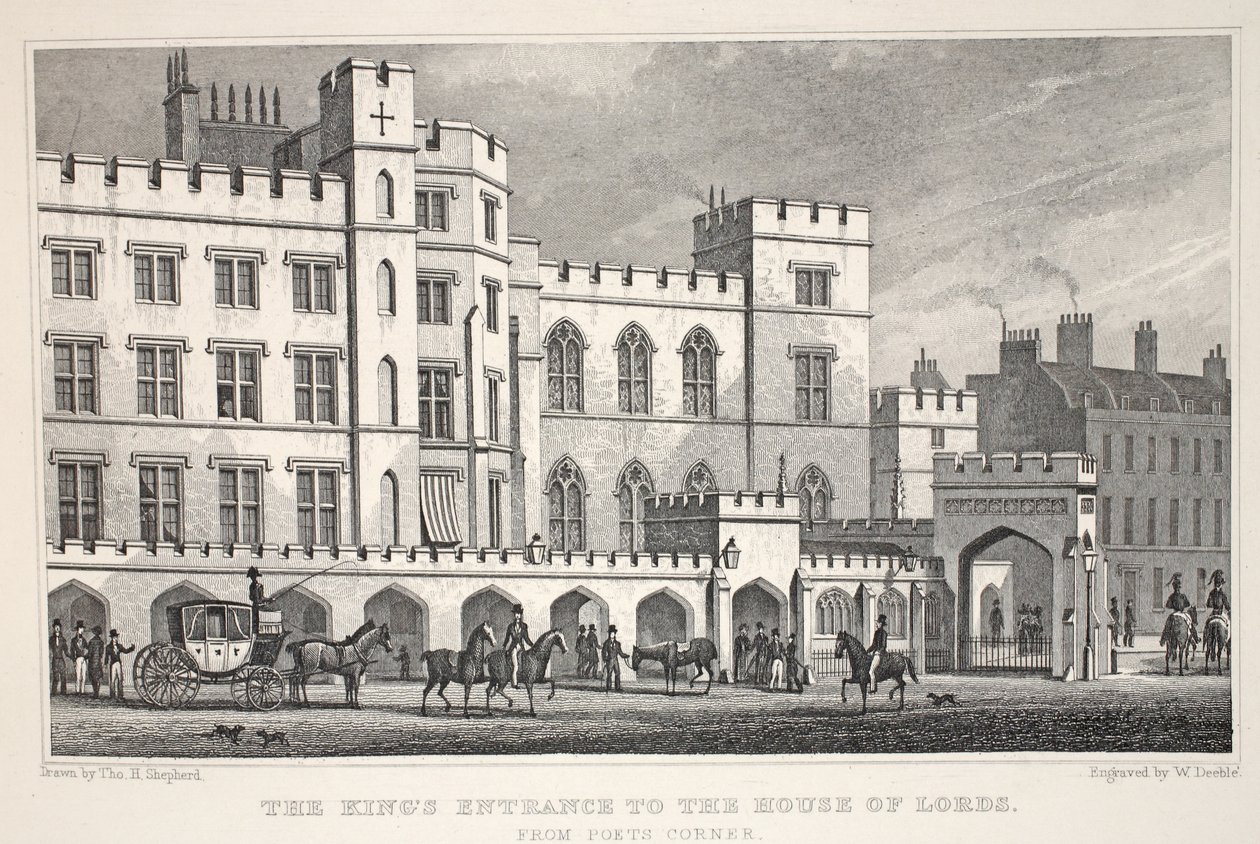 Kongens inngang til House of Lords fra Poets Corner, fra puben 'London and it's Environs in the Nineteenth Century'. Jones und Co., 1827-1829 av Thomas Hosmer Shepherd