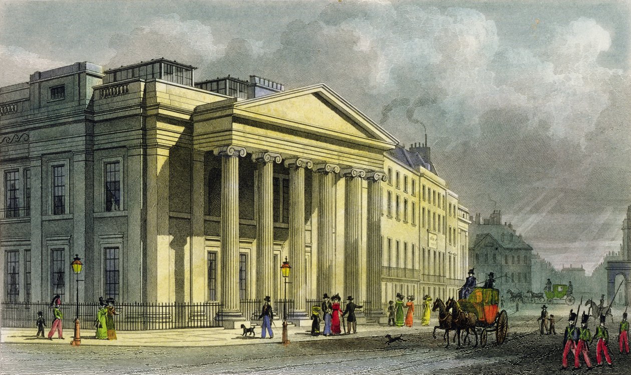 The New College of Physicians, Pall Mall, East, gravert av Thomas Barber (1768-1843) (fargegravering) av Thomas Hosmer Shepherd