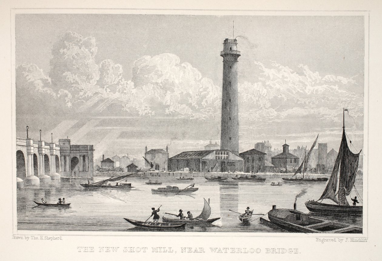 The New Shot Mill, nær Waterloo Bridge, fra puben 'London and it's Environs in the Nineteenth Century'. Jones und Co., 1827-1829 av Thomas Hosmer Shepherd
