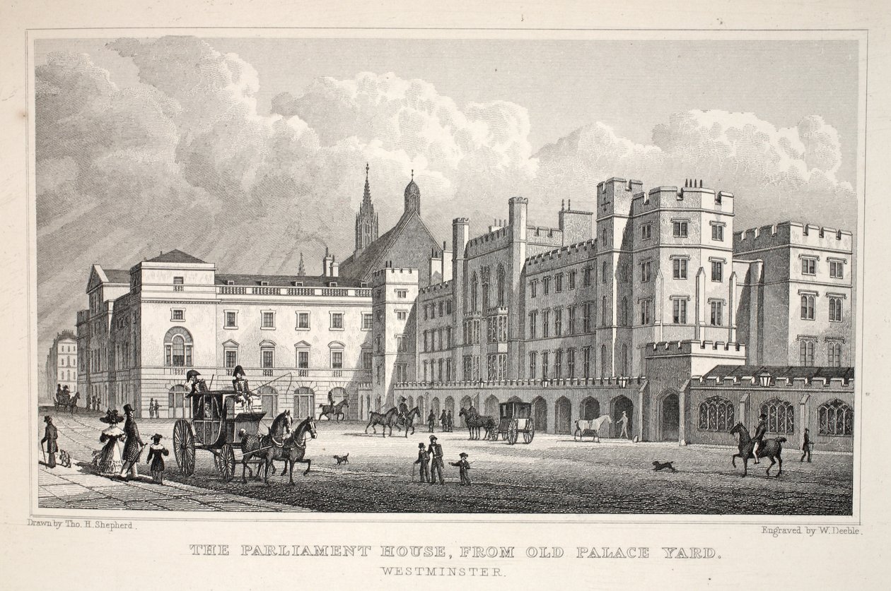 Parliament House fra Old Palace Yard, Westminster, fra puben 'London and it's Environs in the Nineteenth Century'. Jones und Co., 1827-1829 av Thomas Hosmer Shepherd
