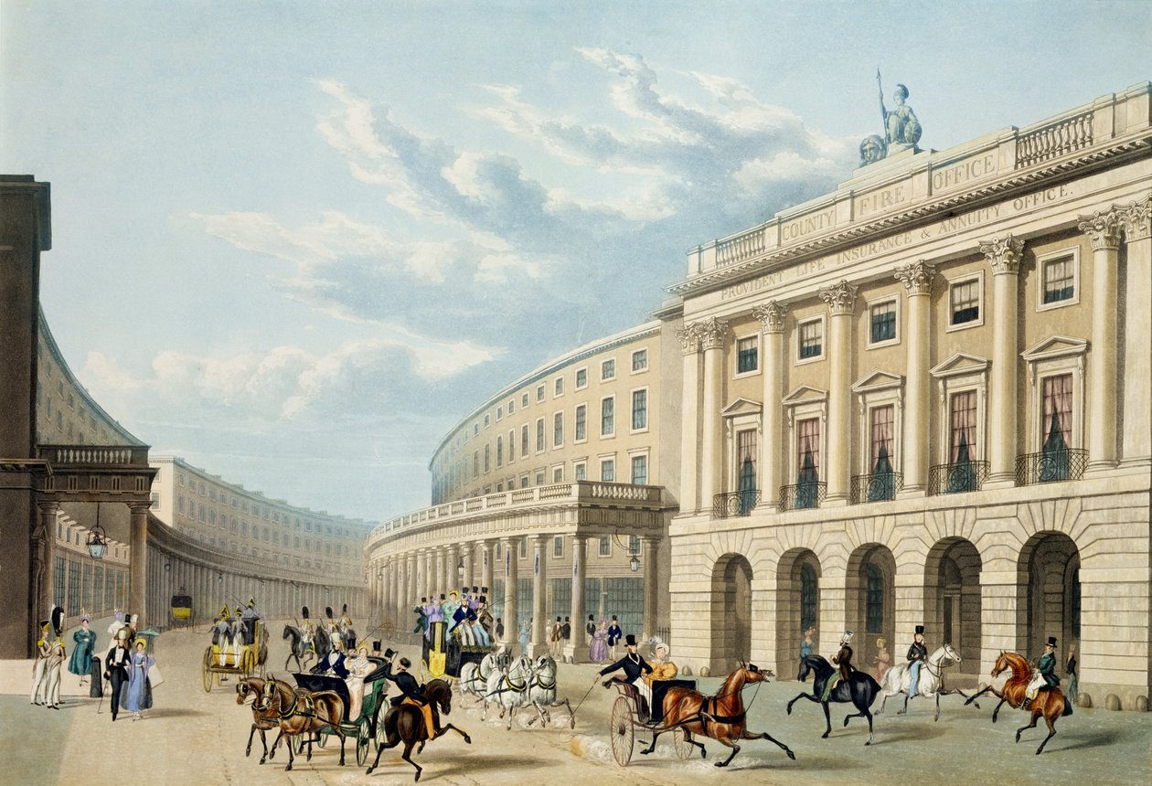 The Quadrant, Regent Street, fra Piccadilly Circus, utgitt av Ackermann, ca. 1835-50 (farget akvatint) (se også 105298) av Thomas Hosmer Shepherd