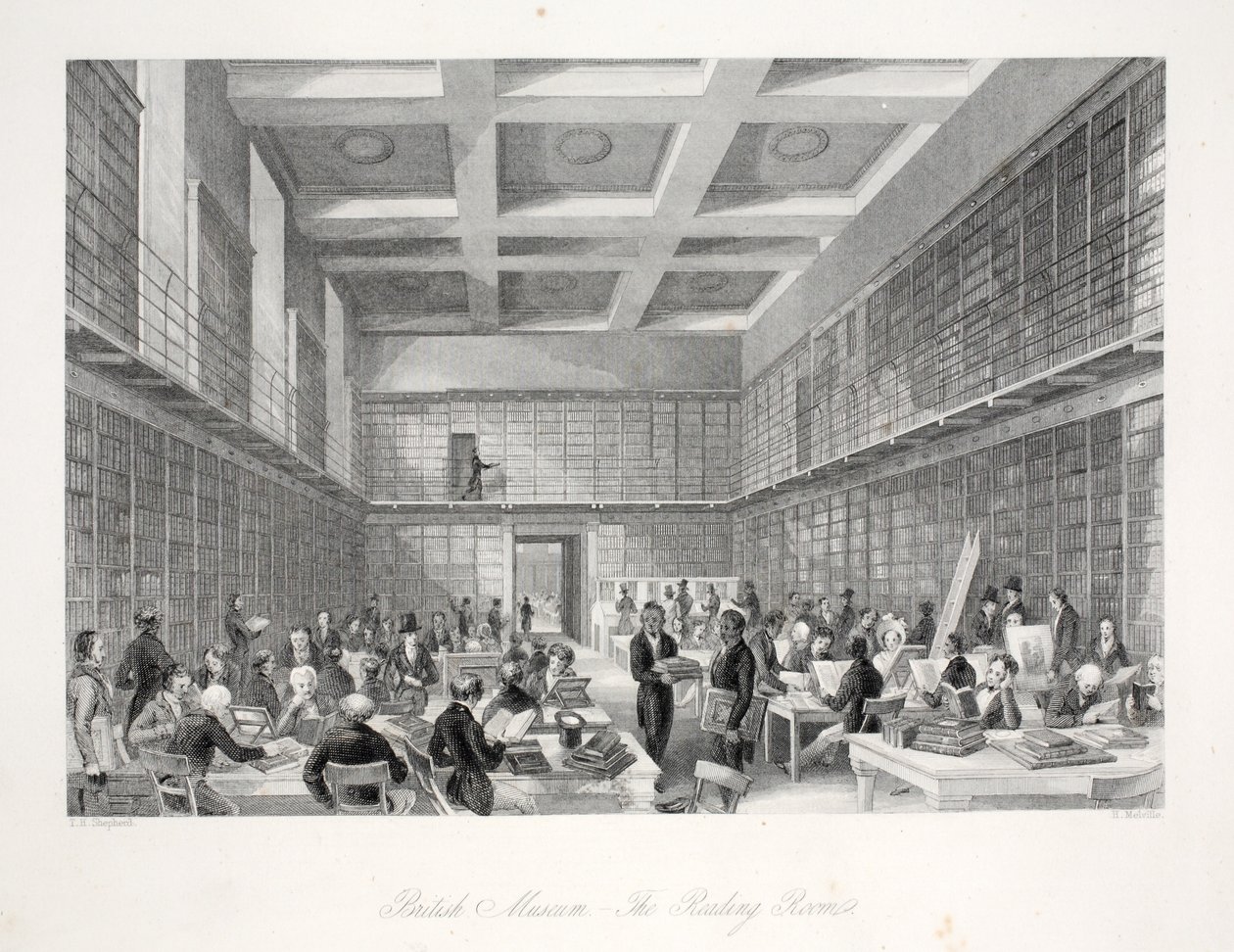 Lesesalen og biblioteket på British Museum, fra puben 'London Interiors with their Costumes and Ceremonies'. Joseph Mead, London, ca. 1843 (stålgravering) av Thomas Hosmer Shepherd