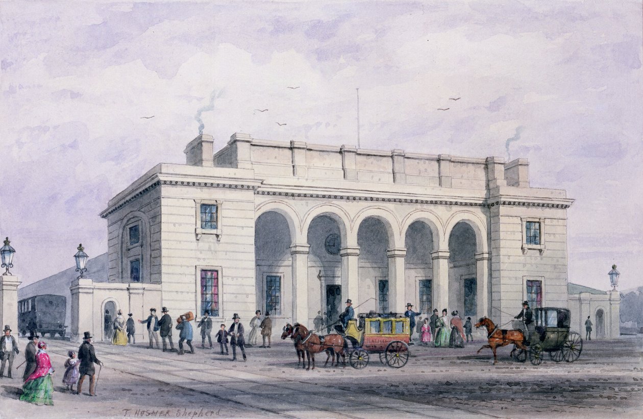 Den sørvestlige jernbanestasjonen ved Nine Elms Vauxhall, 1856 av Thomas Hosmer Shepherd