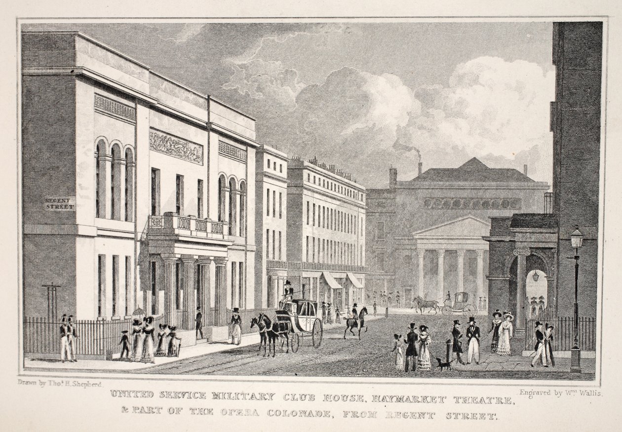United Service Military Club House, Haymarket Theatre og en del av Opera Colonnade fra Regent Street, fra puben 