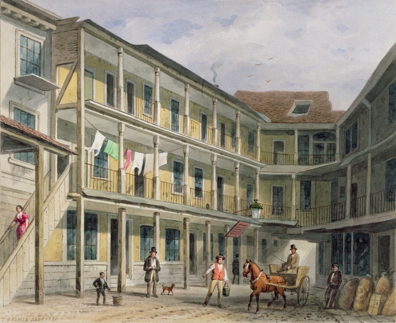 Utsikt over Blue Boar Inn-gården, nr.30 Aldgate, ca. 1850 av Thomas Hosmer Shepherd