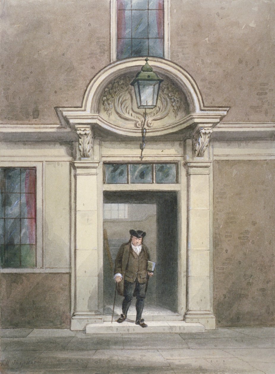Utsikt over Dr Johnsons dør og trapp, Inner Temple Lane, City of London, 1855. av Thomas Hosmer Shepherd