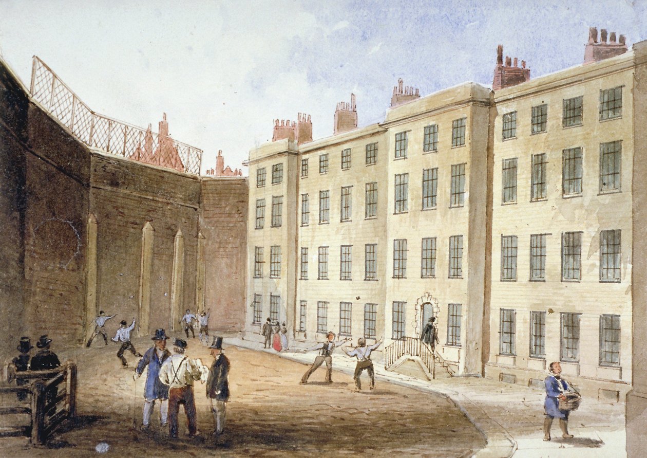 Utsikt over Fleet Prison fra tennisbanen, City of London, 1845 av Thomas Hosmer Shepherd